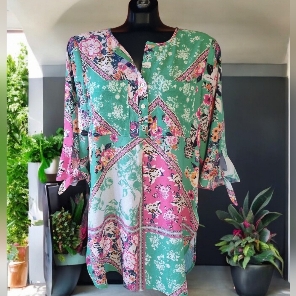 Figueroa & Flower Long Floral Tunic Blouse "Pink Goes Good With Green"
